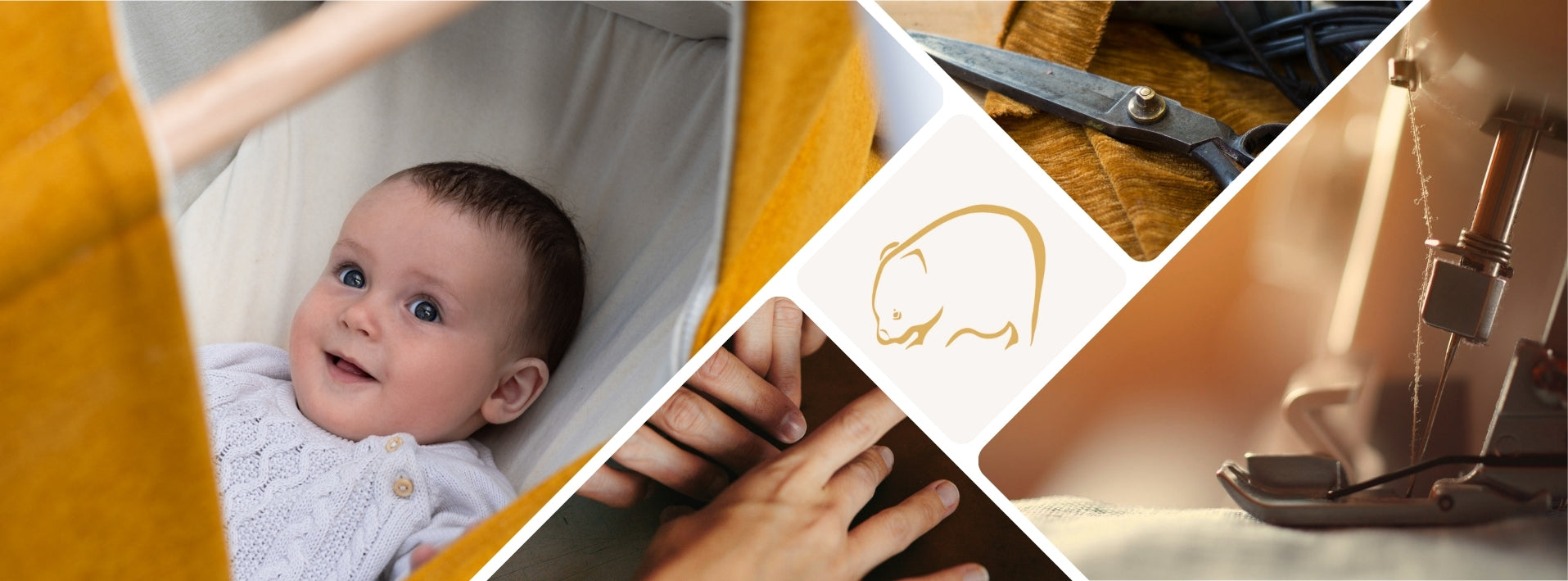 Wombagee Federwiege in Handarbeit gefertigt – glückliches Baby in hochwertiger Federwiege aus der deutschen Manufaktur, Detailaufnahmen von Nähen, Schneiden und liebevoller Herstellung nachhaltiger Babywiegen.